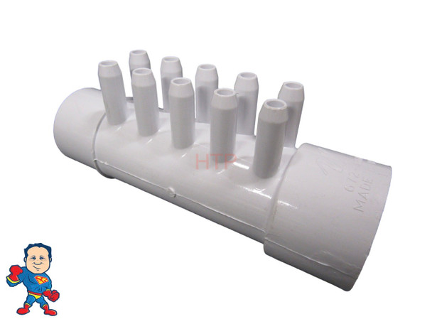 Air Manifold, 3/8" Barb, 10 Port, Flow Thru, 1-1/2" Slip x 1-1/2" Spigot