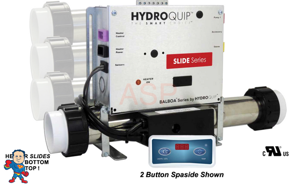 Hydro-Quip Lite Leader Retrofit 7000 series Spa Control Slide Heater, 115v/230v, 4.0kW, Slide, 2 Button Topside
The Lite Leaderª replacement is now available! This unit will replace a Balboa Light Leader system in almost any configuration. It can even be used to replace a system with a remote heater or use the heater in it's factory spot. It is designed to replace any system that used a Lite Leader pack 54114-H.
This system uses a Real Balboa Brand board in a HydroQuip box. Balboa phased out the Lite Leader system so Hydroquip decided to still make it available for people who need a simple retrofit system.