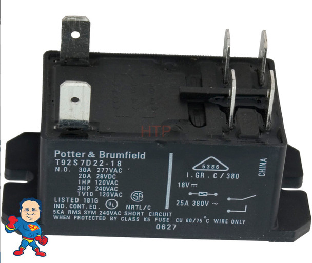 Relay, P&B, T-92, DPST-NO, 30A, 18vdc, Coil