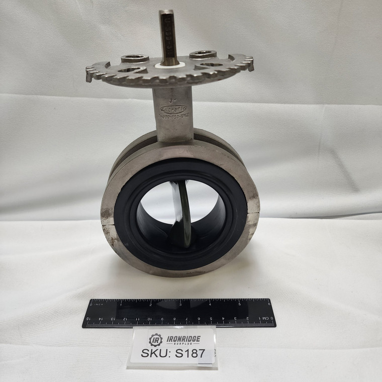 Ultraflo Model 399 3 in Wafer Style Butterfly Valve Stainless Steel, Viton Seat, Halar Coated Disc, No Handle