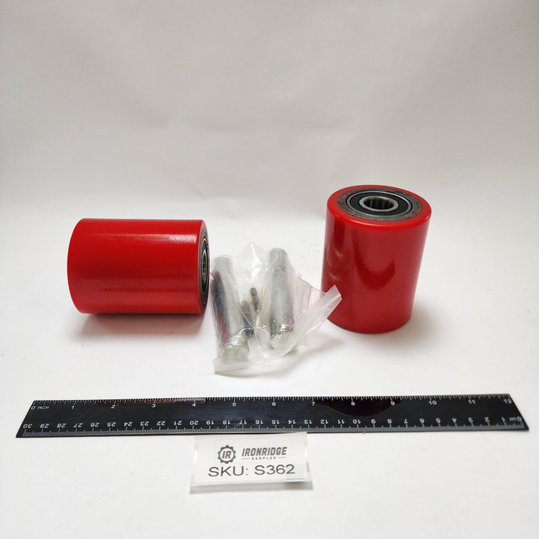 Pair of Pallet Jack/Truck Wheels 3 x 3.75" (74.5 x 93mm) with Pre-Installed Bearings, 20mm ID PU Tread - Includes Axles and Pins by JackCraft