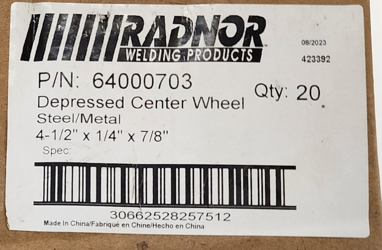 Radnor 64000703 Depressed Center Grinding Wheel 4-1/2 x 1/4 x 7/8, Box of 20