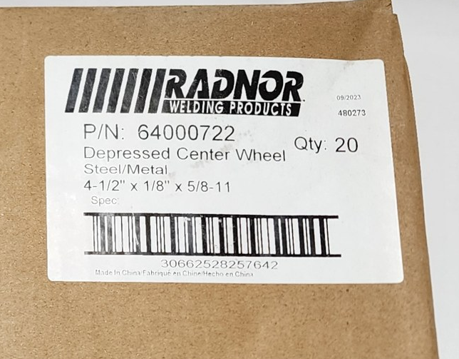Radnor 64000722 Depressed Center Grinding Wheel 4-1/2 x 1/8 x 5/8-11, Box of 20