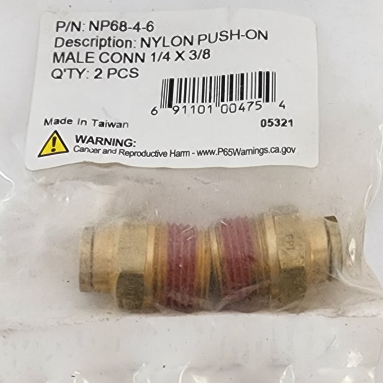 Power Products NP68-4-6 1/4 x 3/8 thread Push-On Male Connector Brass, 2 pack
