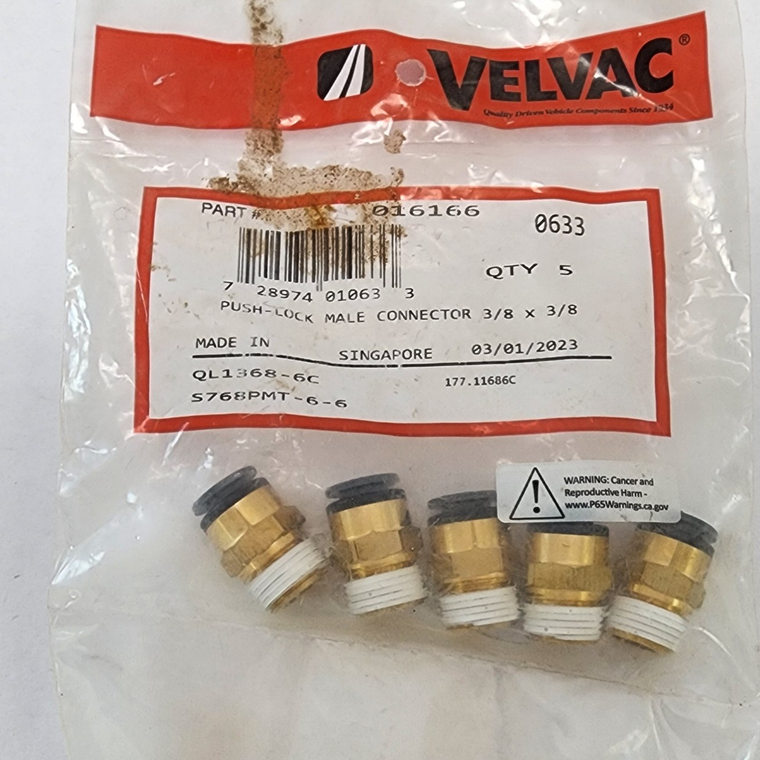 Velvac 016166 3/8 x 3/8 NPT Thread Brass Push-lock Male Connector Straight, 5 Pack