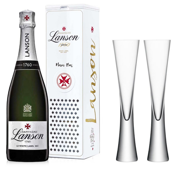 Lanson White Label NV 75cl with x2 LSA Moya Champagne Flutes