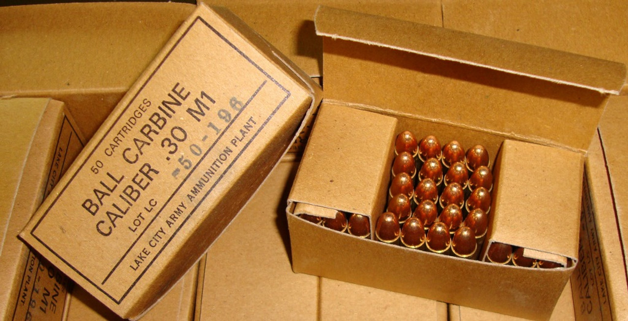 .30 M1 Carbine Ball Ammo Lake City 1350rd Can packed in 50rd Boxes USGI Surplus <br>NON-Corrosive / Boxer Primed Reloadable