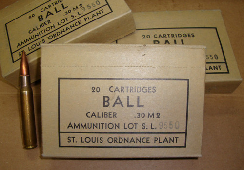 30-06 M2 150gr FMJ Ball Saint Louis 1952 USGI 20rd Boxes<br>NON-Corrosive / Boxer Primed Reloadable