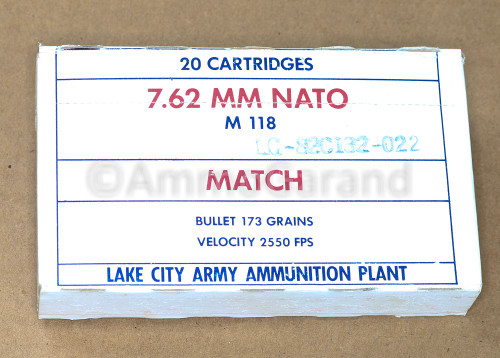 7.62 MM Match M118<br>Lake City 1982<br>Lot 022 20rd Box