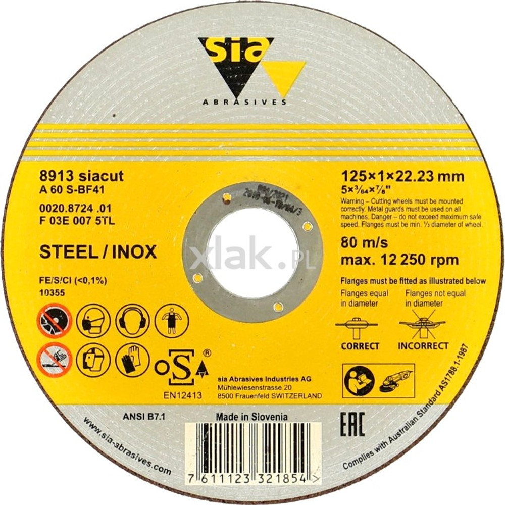 SIA 8913 115X1.0X22.23MM CUT OFF WHEEL T41 A60S STEEL/INOX