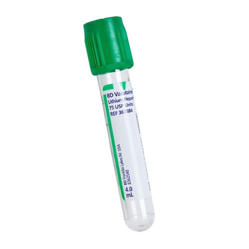 BD Vacutainer® Venous Blood Collection Tube Plasma Tube Lithium Heparin Additive 13 X 75 mm 4 mL Green BD Hemogard™ Closure Plastic Tube