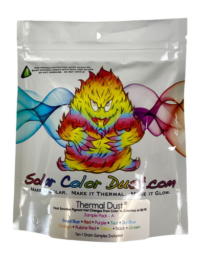 Thermal Dust - Sample Pack A - Royal Blue • Red • Purple • Teal • Sky Blue
Orange • Rubine Red • Yellow • Black • Green - Heat Activated Color Changing Thermochromic Pigment