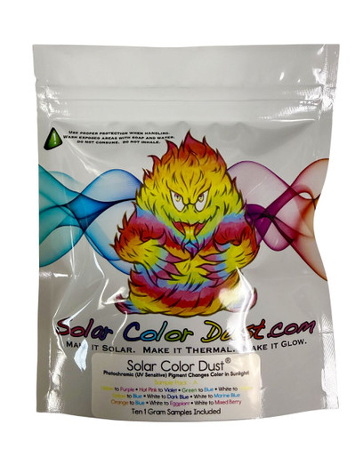 Solar Color Dust® - Sample Pack A  - Sunlight Sensitive Pigment!
 Yellow to Purple • Hot Pink to Violet • Green to Blue • White to Yellow • Yellow to Blue • White to Dark Blue • White to Marine • Blue Orange to Blue • White to Eggplant • White to Mixed Berry
