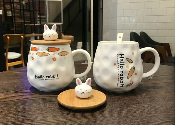 Cute Rabbit Ceramic Mug With Lid Spoon | Horizontal Carrots | 450Ml | 200333