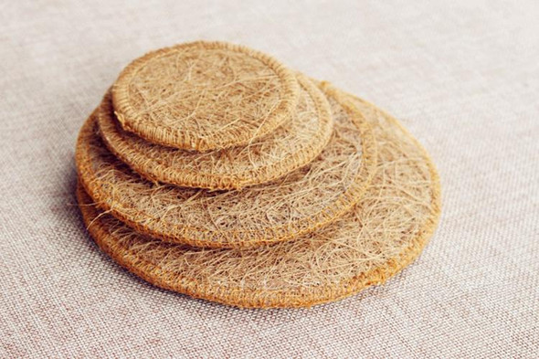 Thick Bristle Cup Mat | Palm Fiber Coaster | Heat Resistant | 13cm Light Yellow | 50463
