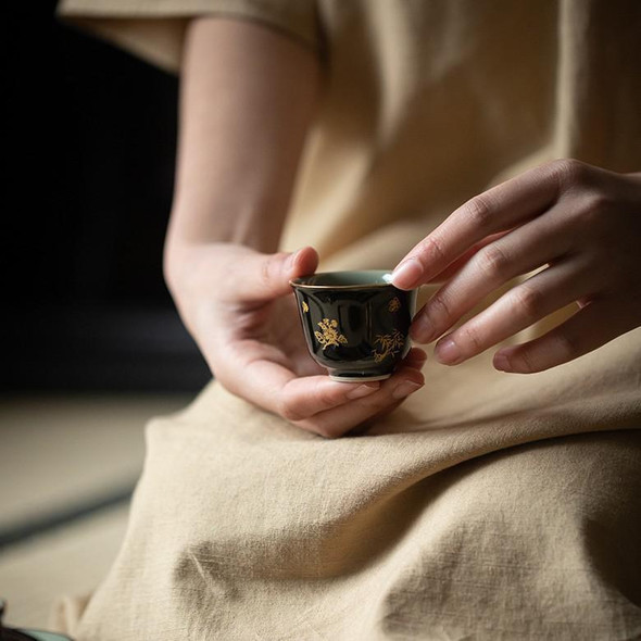 Hand-Painted Tasting Cup | Black Color | Gold-Trim Four Gentlemen Pattern   | 50293