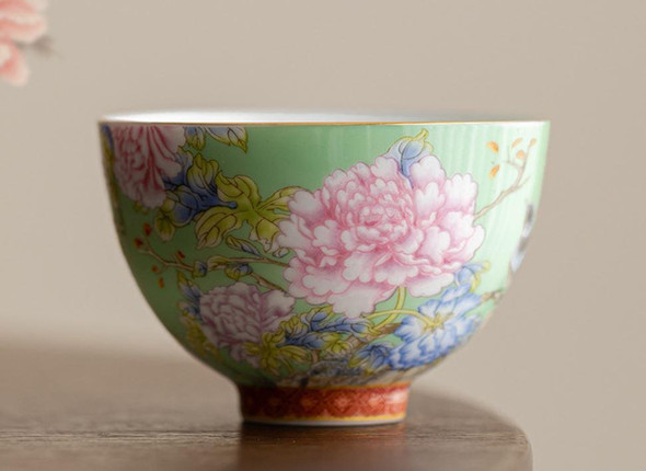 Enamel Paint Tea Cup | Bird And Flower Pattern | Green | 50465