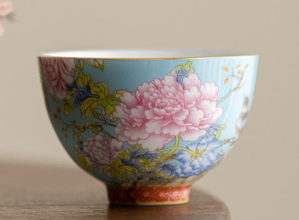 Enamel Paint Tea Cup | Bird And Flower Pattern | Sky Blue | 50467
