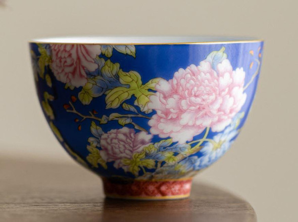 Enamel Paint Tea Cup | Bird And Flower Pattern | Navy | 50468