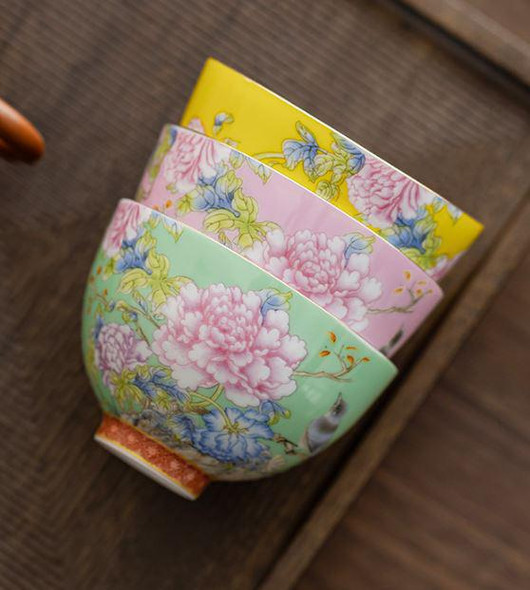 Enamel Paint Tea Cup | Bird And Flower Pattern | Yellow | 50469