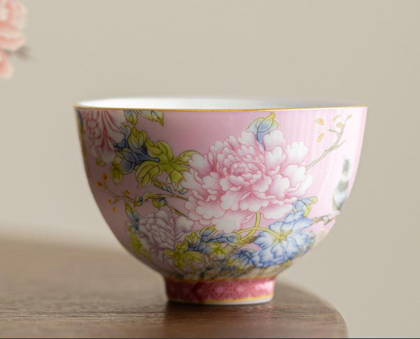 Enamel Paint Tea Cup | Bird And Flower Pattern | Pink | 50470