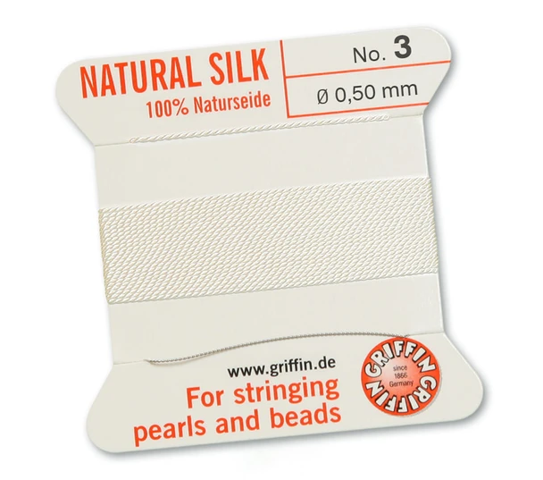 White Silk Bead Cord #3 With Beading Needle |  0.5Mm | Length:2 Metres  | 841054000031