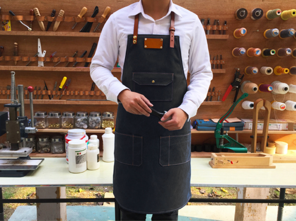 Black Denim Apron with Leather Cords | 21479