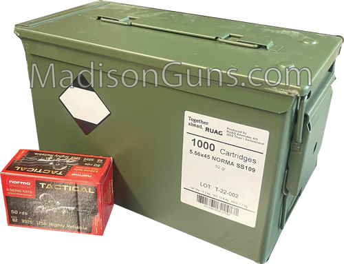 NORMA Ammunition (RUAG) SS109 Steel Core Penetrator 62gr 5.56x45mm - Brass Casing - 1,000rds