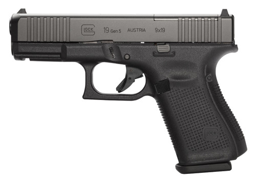 Glock PA195S203MOS G19 Gen5 Compact MOS 9mm Luger Caliber with 4.02" Glock Marksman Barrel, 15+1 Capacity, Overall Black Finish, Picatinny Rail Frame, Serrated/MOS Cuts nDLC Steel Slide