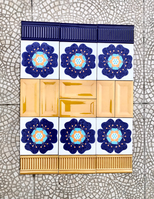 Art nouveau style border tiles set. Unused vintage tile mural from Spain. Arts and crafts decor in yellow + blue. Floral retro backsplash. Art nouveau style border tiles set. Unused vintage tile mural from Spain. Arts and crafts decor in yellow + blue. Floral retro backsplash.
