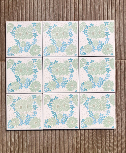 Spanish 60s 70s vintage tiles. SALVAGED.9 pc blue + green floral groovy retro tiles. MCM wall decor, mid century decorative backsplash tiles