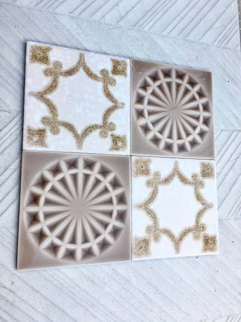 4 vintage 70s tiles from Spain. Mid century fat lava tile mural. 60s decor. Brutalist geometric tiles. Ochre and beige majolica wall decor