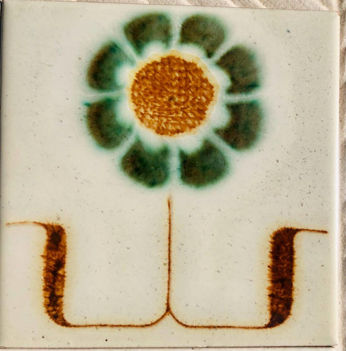 Spanish vintage retro tiles. Green + brown fat lava mid century groovy flower tiles, brutalist, geometric floral decor, 60s flower power Spanish vintage retro tiles. Green + brown fat lava mid century groovy flower tiles, brutalist, geometric floral decor, 60s flower power