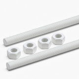 2x White Polypropylene (PP) M12 x 1000 mm Threaded Rods, Studding + 4 Nuts