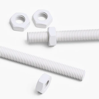 2x White PTFE M14 x 200 mm Threaded Rods, Plastic Studding + 4 Nuts