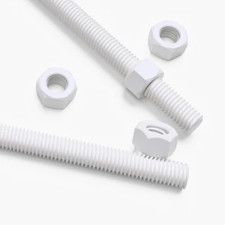 2x White PTFE M12 x 1000 mm Threaded Rods, Plastic Studding + 4 Nuts