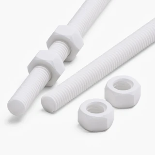 2x White PTFE M5 x 500 mm Threaded Rods, Plastic Studding + 4 Nuts