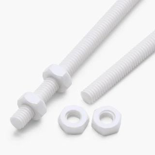 2x White PTFE M4 x 200 mm Threaded Rods, Plastic Studding + 4 Nuts
