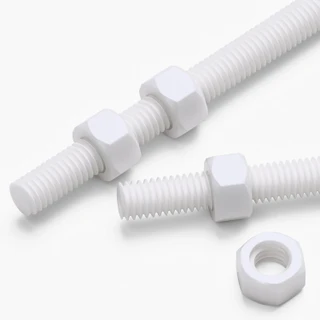 2x White PTFE M5 x 200 mm Threaded Rods, Plastic Studding + 4 Nuts