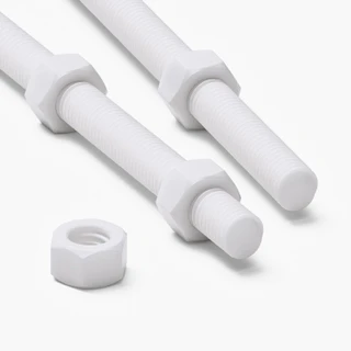 2x White PTFE M12 x 200 mm Threaded Rods, Plastic Studding + 4 Nuts