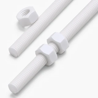 2x White PTFE M8 x 300 mm Threaded Rods, Plastic Studding + 4 Nuts