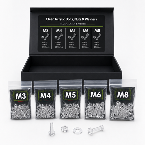 100x Clear Acrylic Pan Head Screws & Bolts M3-M8 x 20mm, Nuts & Washers