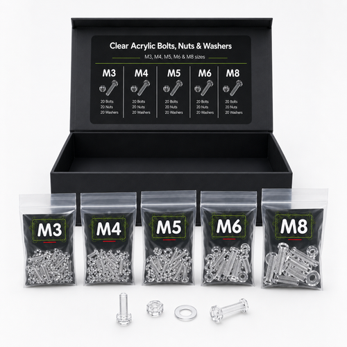 100x Clear Acrylic Pan Head Screws & Bolts M3-M8 x 20 mm, Nuts & Washers