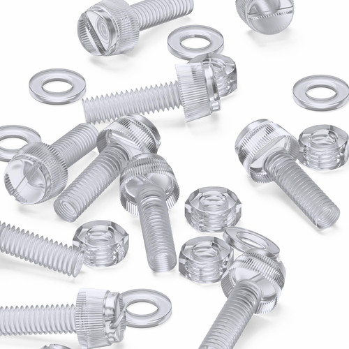 60x Clear Acrylic Slotted Knurled Thumbscrews M6 x 20mm, Nuts & Washers
