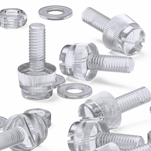 60x Clear Plastic Acrylic Thumbscrews, M4 x 12mm, slotted + knurled, Nuts, Washers & Bolts