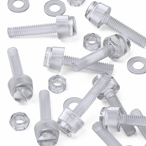 60x Clear Acrylic Slotted Knurled Thumbscrews M4 x 20mm, Nuts & Washers