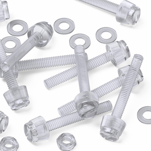 60x Clear Acrylic Slotted Knurled Thumbscrews M4 x 30mm, Nuts & Washers
