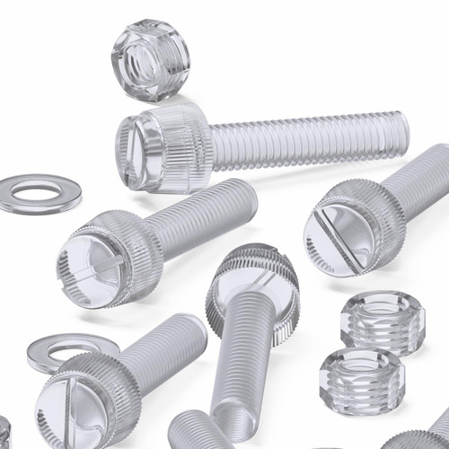 60x Clear Acrylic Slotted Knurled Thumbscrews M5 x 25 mm, Nuts & Washers