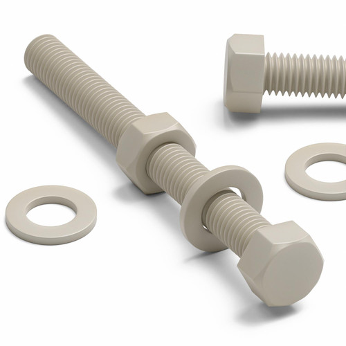 5x Natural PPS Hex Head Plastic Screws & Bolts M10 x 100mm, Nuts & Washers