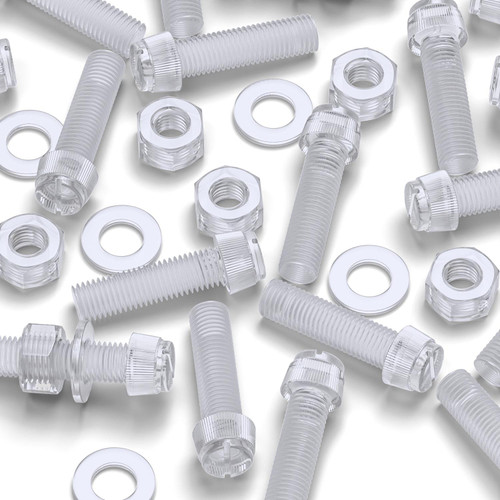 50x Clear Acrylic Slotted Knurled Thumbscrews M8 x 30mm, Nuts & Washers